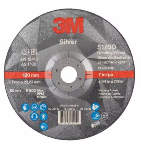 180mm x 7mm x 22mm 3M 51750 Silver Grinding Wheel