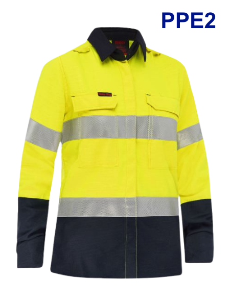 PPE2 Apex 185 Womens Taped Hi Vis FR 18 Yellow/Navy NZS Logoed Vented Shirt 