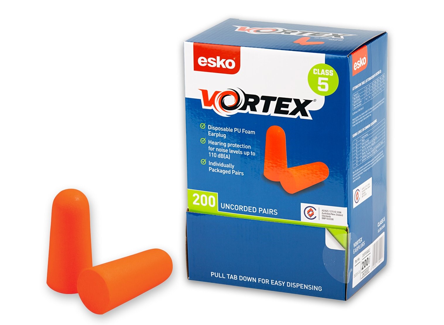 200box Esko Vortex Earplugs Class 5 Orange Uncorded